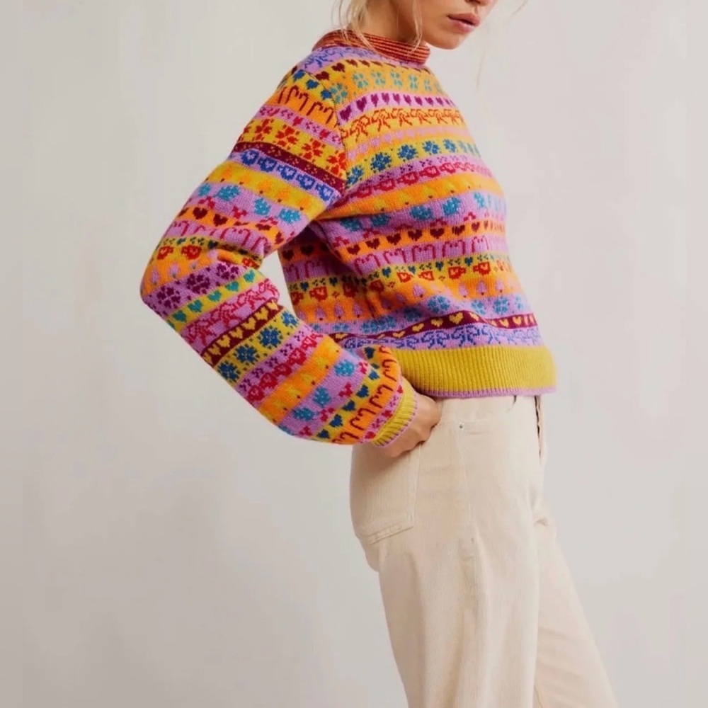 Free People Favorite Things Wool Sweater Bright Confetti Jacquard Knit Size L - Picture 5 of 16